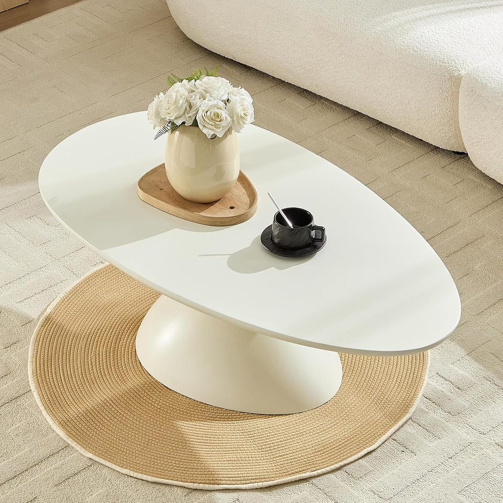 Lucky Coffee Table 47.2' Cream, Sculptural Fiberglass Table with Matte Finish, Minimalist Scandinavian Low Coffee Table, Designer-Inspired Pebble Base Center Table for Modern Living Room & Apartment