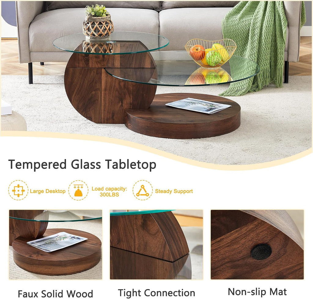 42' Glass Coffee Table｜Oval Coffee Table｜3-Tier Design with Oval Tempered Glass Tabletop｜Dark Wood Wooden Base｜Large Storage Space｜Smooth Edge｜Ideal for Living Room｜Easy Assembly