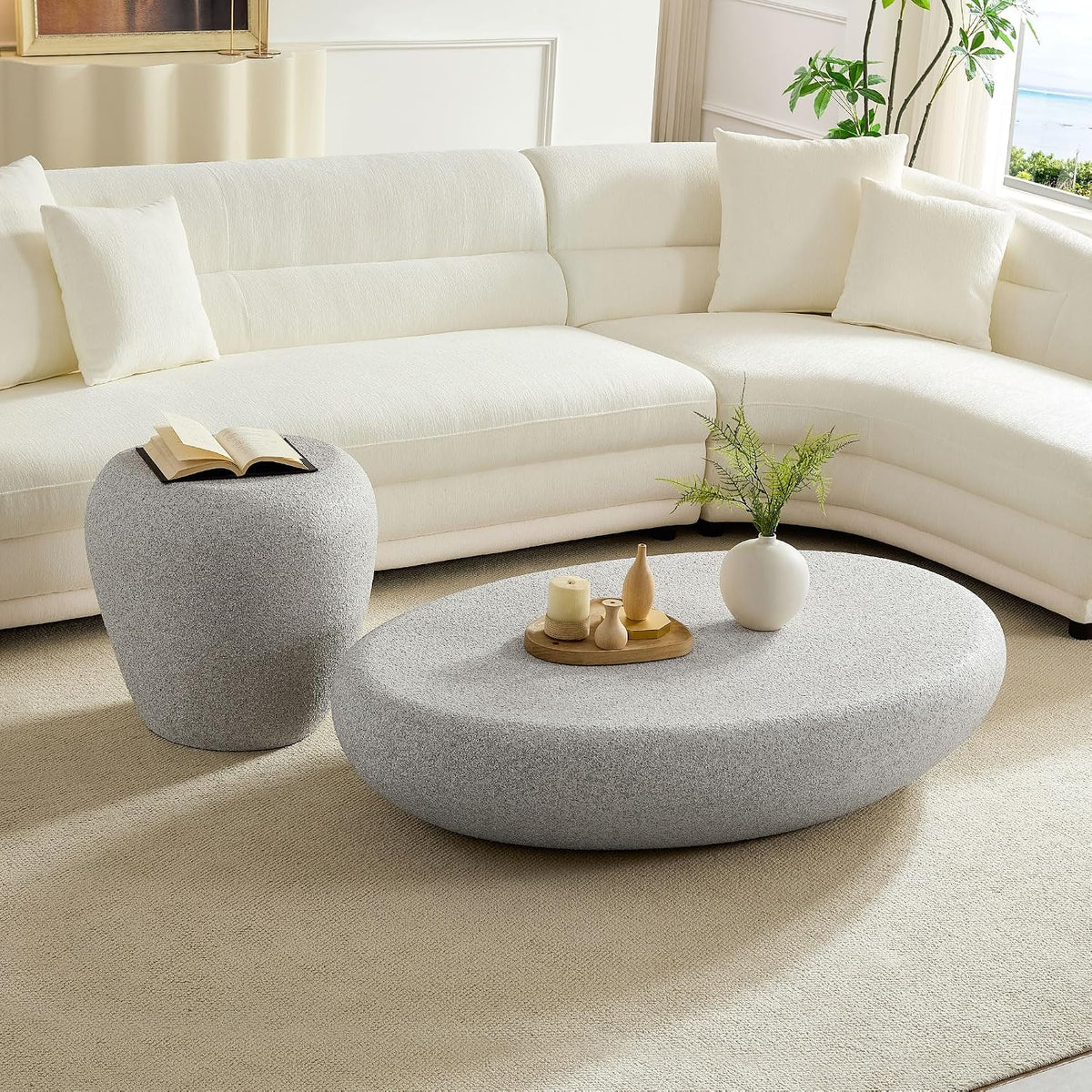 19.29'' Faux Stone Side Table End Table for Living Room, Modern Contemporary Style, Fiberglass Material & Grainy Stone Paint, No Assembly, Beige