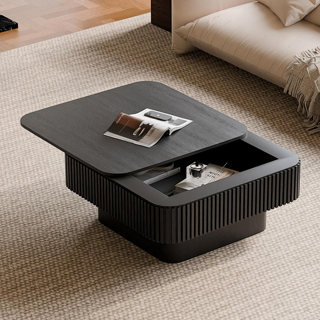 LUMISOL Square Square Coffee Table with Hidden Storage, Small Handcraft Drum Center Table with Sturdy Base, Minimalist Fluted Coffee Table for Living Room, Natural Wood