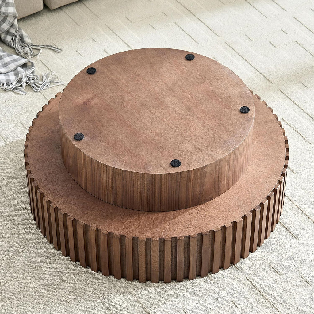JUSTONE 31.5 Inch Round Farmhouse Coffee Table with Storage, Sturdy Pedestal Base Living Room Center Table for Lounge, Office, Apartment, Walnut