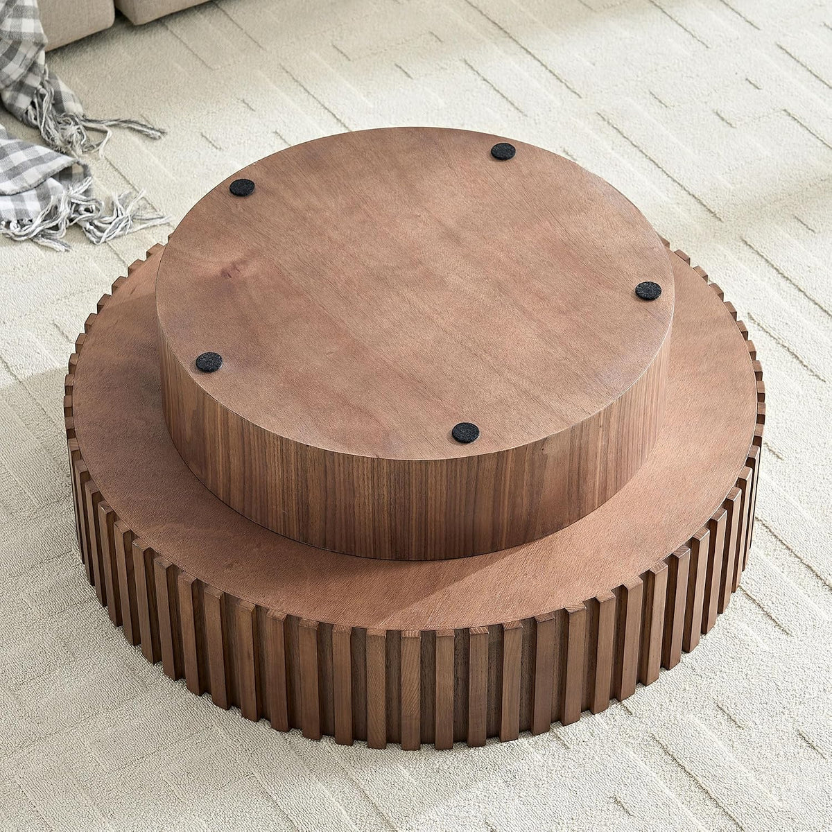 JUSTONE 31.5 Inch Round Farmhouse Coffee Table with Storage, Sturdy Pedestal Base Living Room Center Table for Lounge, Office, Apartment, Walnut