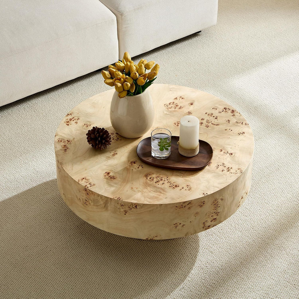 31.49' Round Coffee Table with Burl Wood Veneer & Sturdy Pedestal, Modern Luxury Circle Drum Center Table, Accent Side Table End Table for Living Room Apartment, Natural