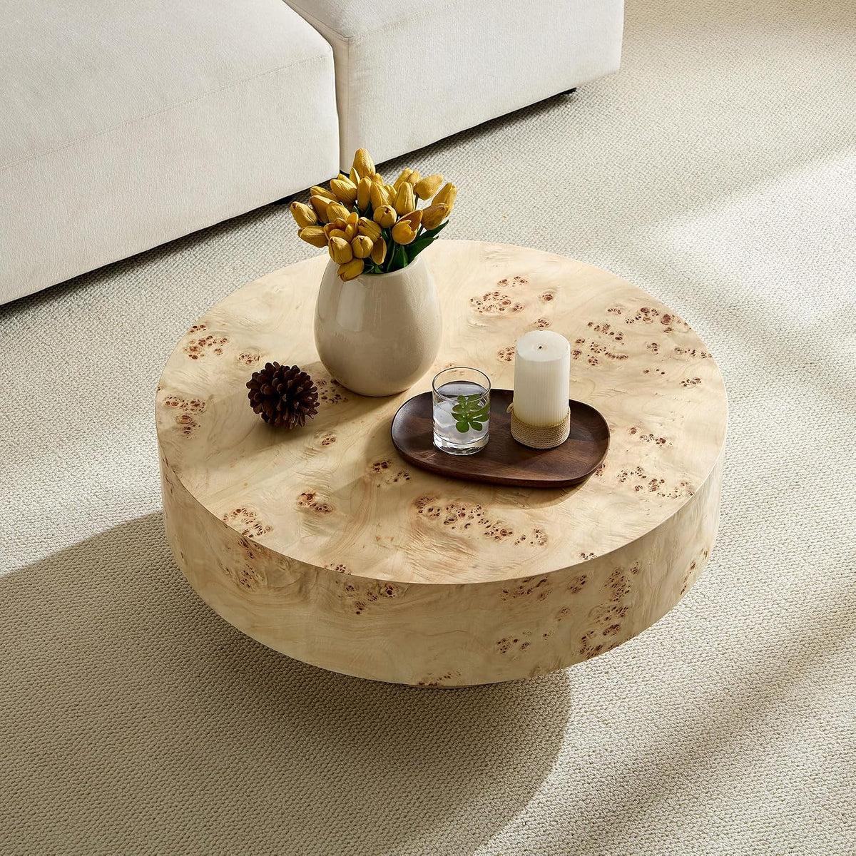 31.49' Round Coffee Table with Burl Wood Veneer & Sturdy Pedestal, Modern Luxury Circle Drum Center Table, Accent Side Table End Table for Living Room Apartment, Natural