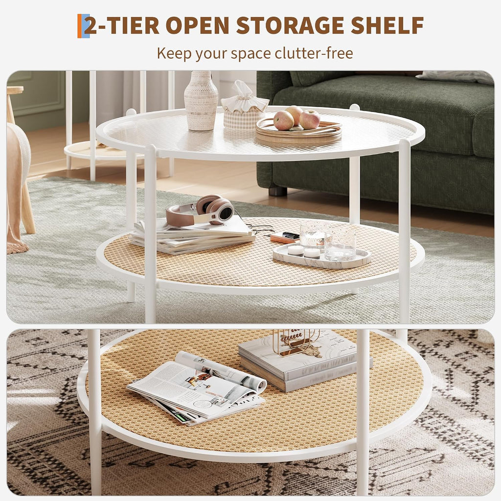 Garvee 30' Round Rattan Coffee Table with Storage, 2-Tier Circle Water-Wave Glass Center Table for Living Room, Modern Small Circle White End Table for Bedroom, Office, Apartment