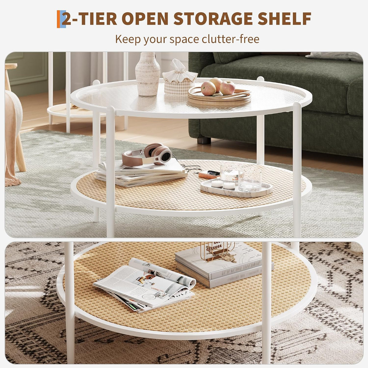 Garvee 30' Round Rattan Coffee Table with Storage, 2-Tier Circle Water-Wave Glass Center Table for Living Room, Modern Small Circle White End Table for Bedroom, Office, Apartment