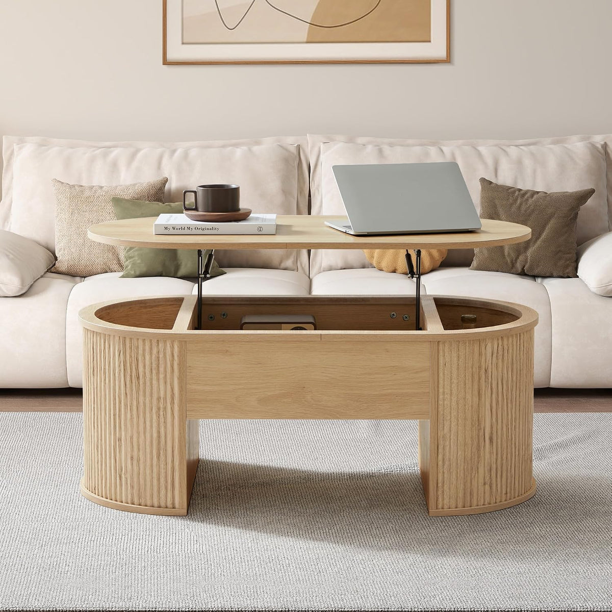 ORRD Lift Top Coffee Table, Fluted Coffee Table with Lifting Top, Wooden Lift Up Dining Table with Hidden Compartment, Center Table for Living Room, Office - Oak