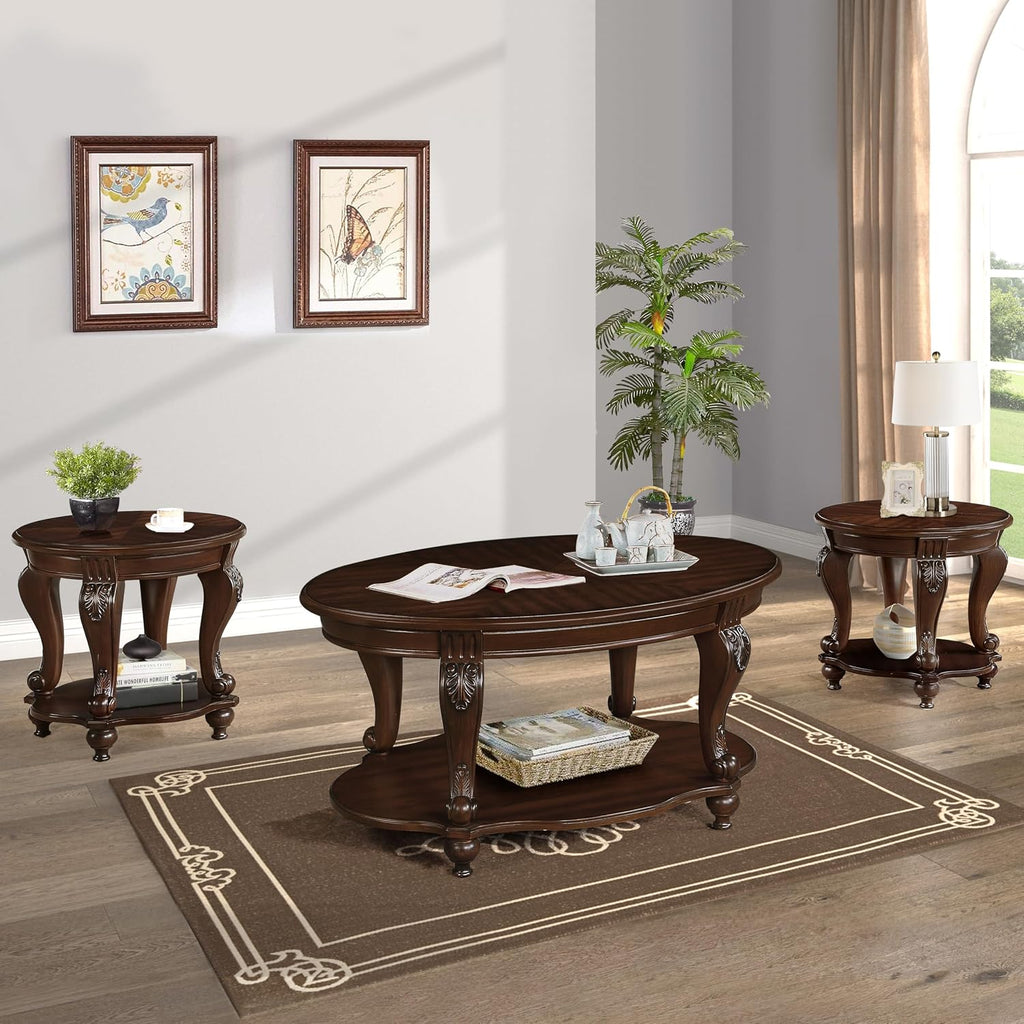 Wood Oval Living Room Coffee Table with Storage Shelf, 2 Tier Wood Coffee Table for Small Space - Cherry