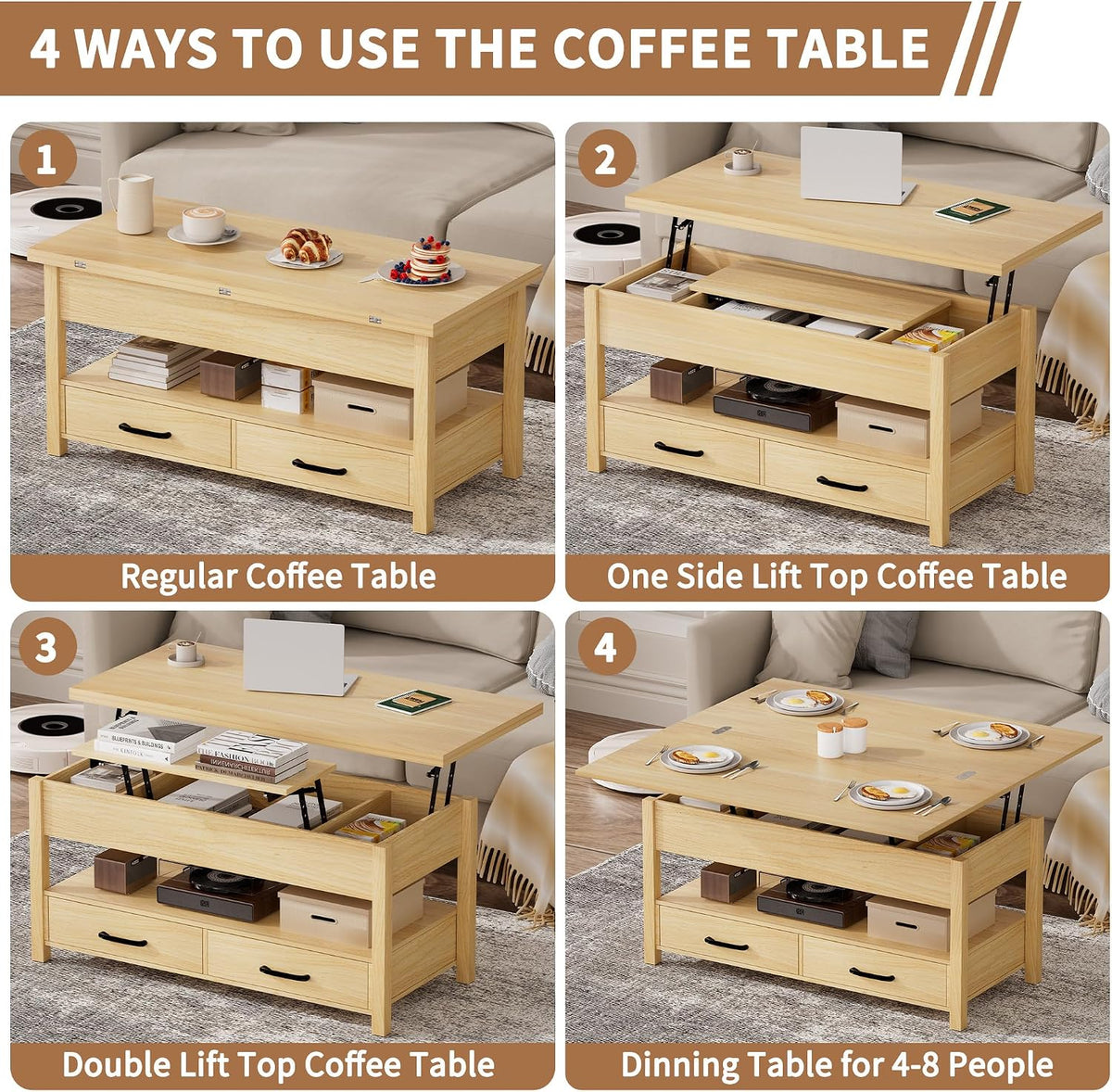 SYESWAY 42'' Lift Top Coffee Table, 4-in-1 Multifunctional Lift Coffee Table with Storage & Hidden Compartments, Farmhouse Coffe Table with Lifting top for Living Room, Dining Reception Room, Wood