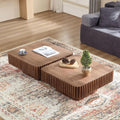 JUSTONE 31.5 Inch Square Coffee Table, 2-Piece Set Modern Walnut Wood Drum End Table for Living Room, Luxury Fluted Design & Sturdy Base, Minimalist Accent Center Table