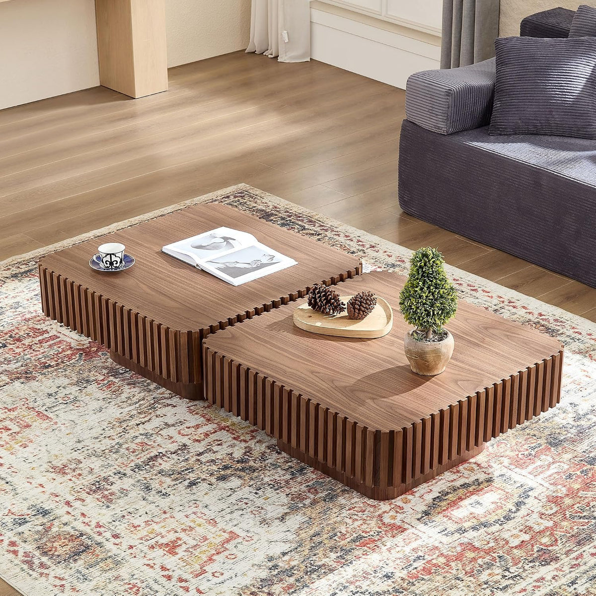 JUSTONE 31.5 Inch Square Coffee Table, 2-Piece Set Modern Walnut Wood Drum End Table for Living Room, Luxury Fluted Design & Sturdy Base, Minimalist Accent Center Table