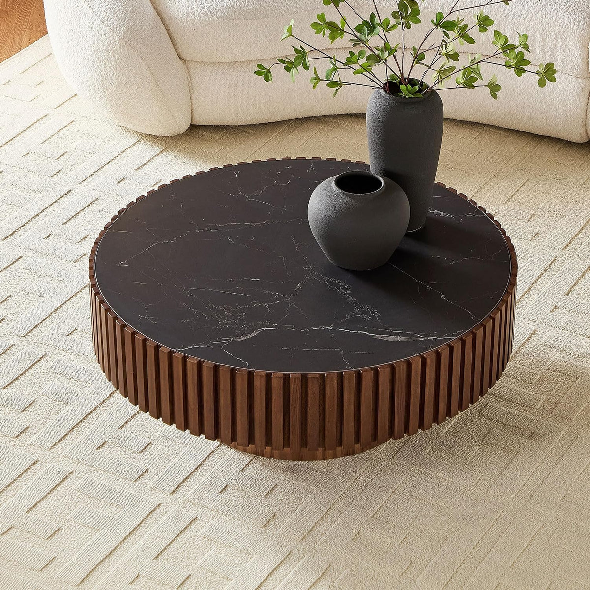 JUSTONE 35.43''Round Coffee Table,Modern Round Sintered Stone Tabletop Drum Coffee Table Luxury Circle Coffee Table for Apartment, Walnut