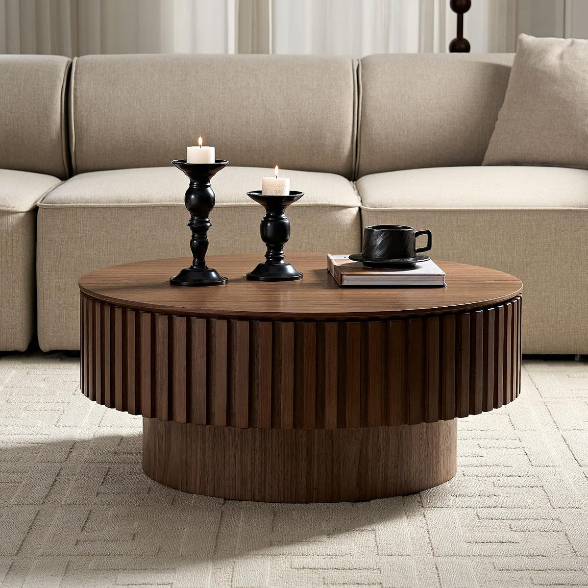 JUSTONE 31.5 Inch Round Farmhouse Coffee Table with Storage, Sturdy Pedestal Base Living Room Center Table for Lounge, Office, Apartment, Walnut