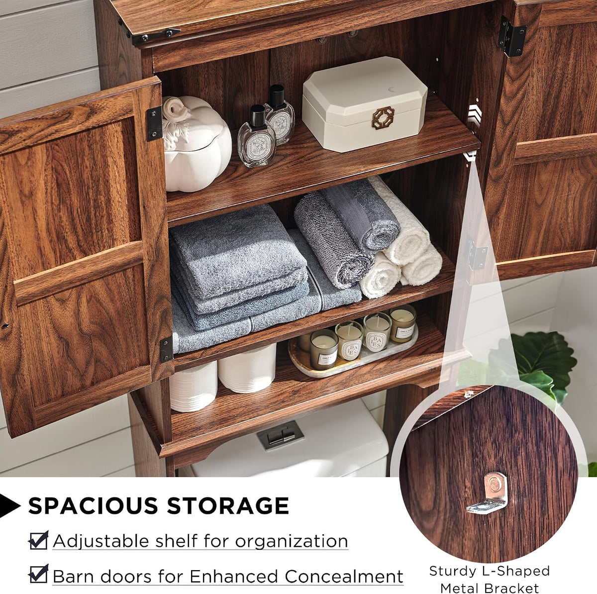 ACCOHOHO Over The Toilet Storage Cabinet, Farmhouse Bathroom Cabinet with Adjustable Shelf & Barn Door, 67' Tall Over The Toilet Shelf, Brown