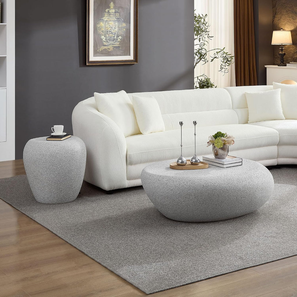 Faux Stone Coffee Table Set of 2 for Living Room, Modern Mid-Century Rustic Round Oval Curved Coffee Table, Fiberglass Material & Grainy Stone Paint, No Assembly, Beige