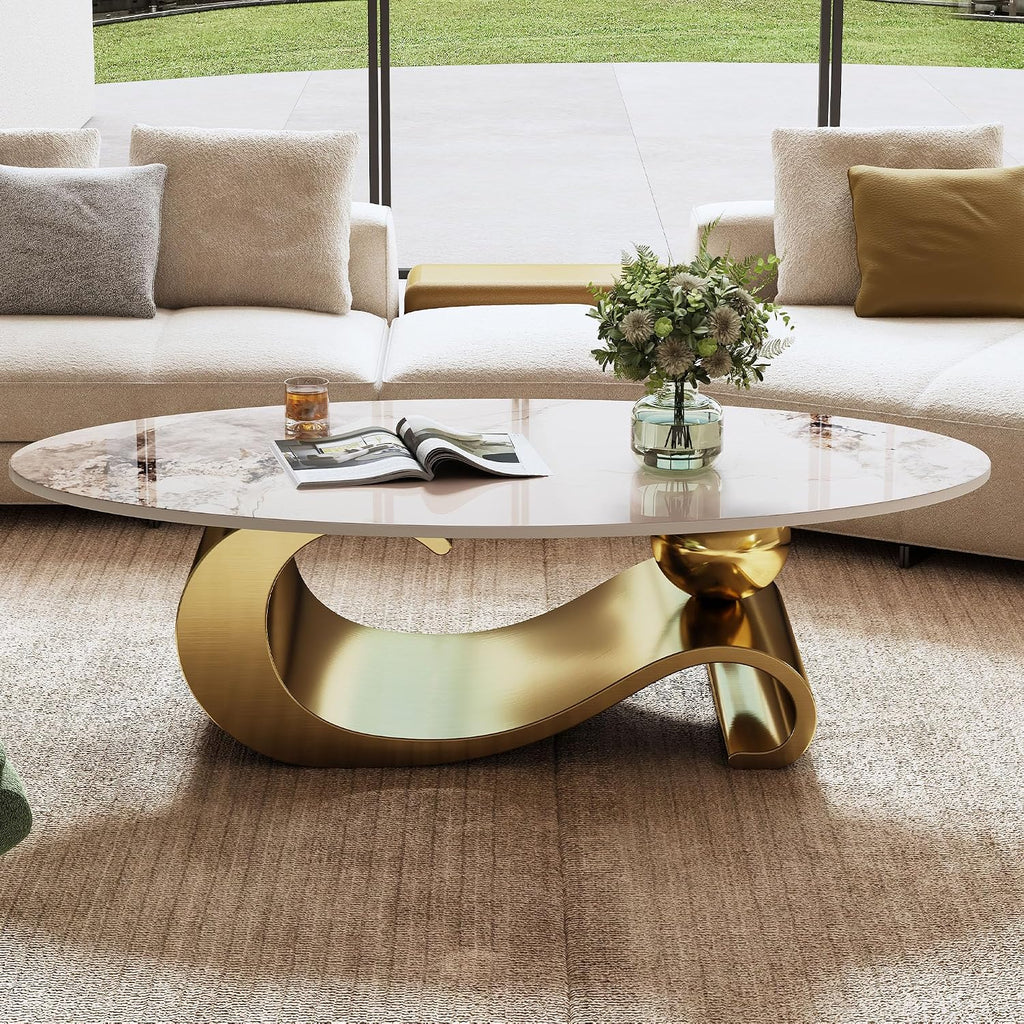 Marble Grain Coffee Table with Gold Stainless Steel Pedestal,Rectangular Coffee Tables,Oval Living Room Table with Faux Marble Top & Luxury Legs,Sintered Stone Cocktail Center Table,49.2 inch