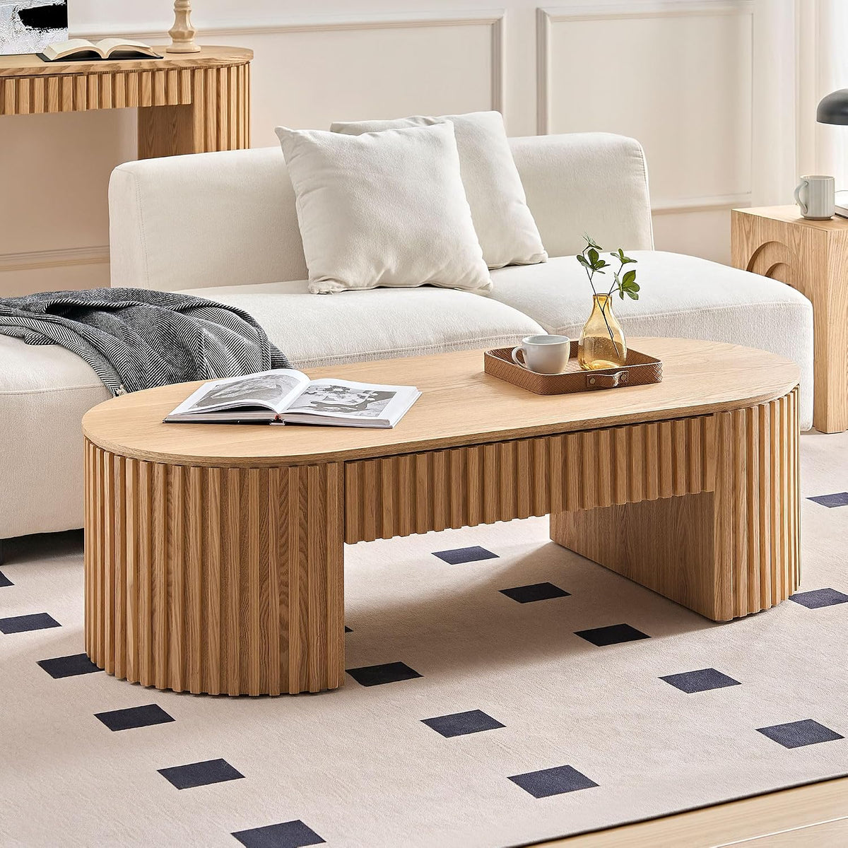 51.18'' Oval Coffee Table for Living Room Fluted Center Table with Drawer, Mid Century Modern Coffee Tables, Easy Assembly for Office Storage Tea Table Oak