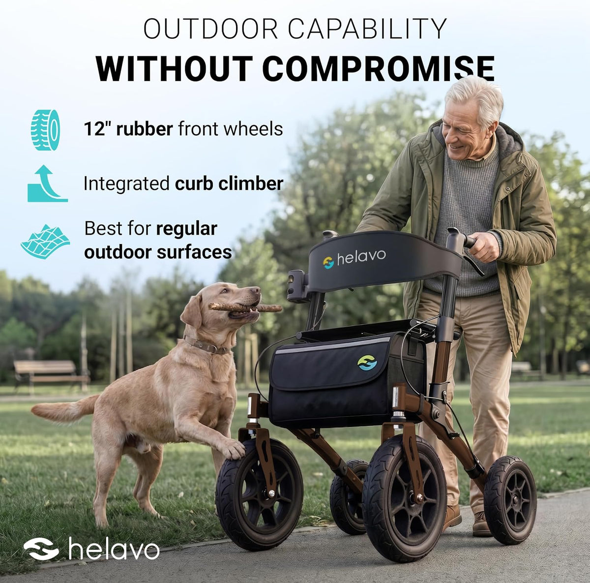 Helavo All Terrain Walker with Puncture-Proof, Flat-Free Solid Rubber Tires, 12' Wheels - Foldable Outdoor Walker for Seniors with Seat, Ergonomic Handles and Extra Padded Backrest