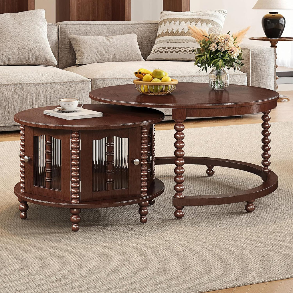 31.5' Walnut Nesting Coffee Table Set of 2, Vintage Round Coffee Table for Living Room with Storage Retro Beaded Leg End Side Table for Bedroom