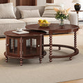 31.5' Walnut Nesting Coffee Table Set of 2, Vintage Round Coffee Table for Living Room with Storage Retro Beaded Leg End Side Table for Bedroom