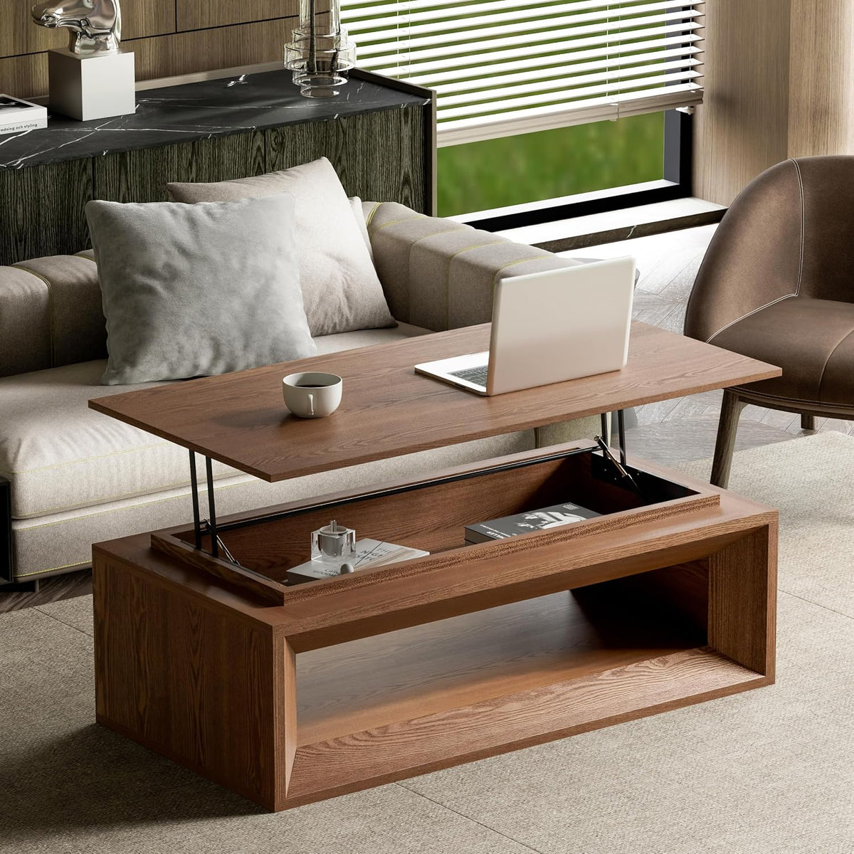 43.3'' Lift Top Coffee Table with Hidden Storage, Solid Wood Veneer Modern Center Table with Hydraulic Gas Spring, Floating Surface Tea Table for Living Room (43.3'' Walnut Lift-Top Coffee Table)