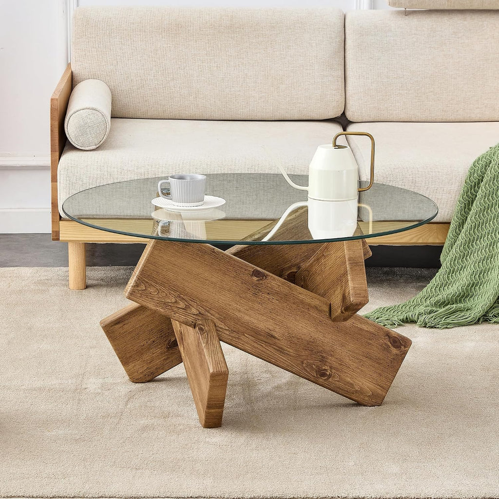 Glass Coffee Tables for Living Room Modern Elegant Round Coffee Table Mid Century Farmhouse Center Table with Wooden Base and Tempered Glass Tabletop, Easy Assembly,33.4 inch