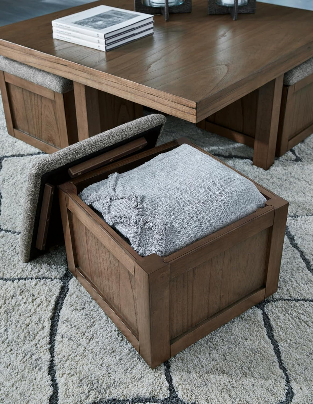 Signature Design by Ashley Boardernest Casual Coffee Table with 4 Storage Stools, Dark Brown