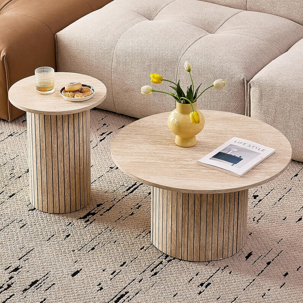 Round Nesting Coffee Tables Set of 2 -φ27.6 Large Short + φ15.8 Small Tall Boho Circle Side Tables with Fluted Drum Design, Beige