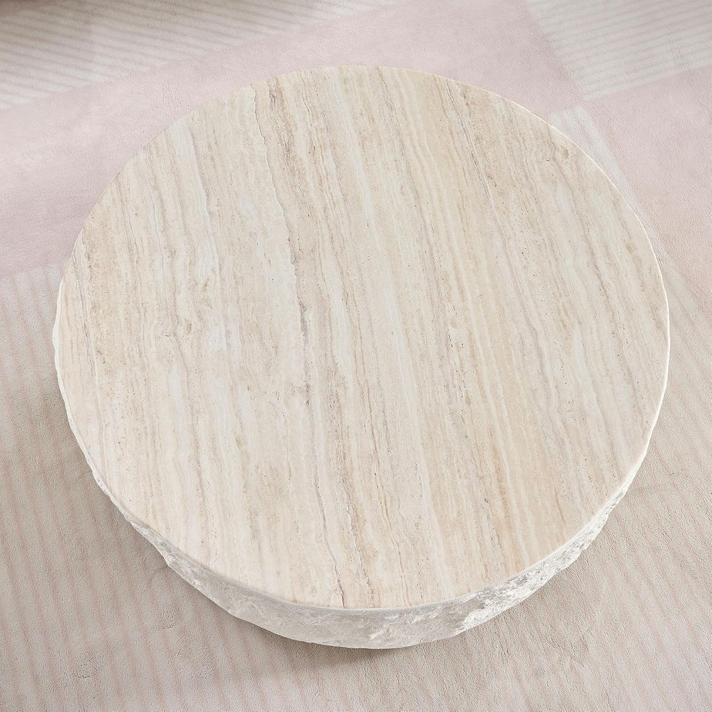 KEVINSPACE Round Coffee Table Modern Stone Coffeetable for Living Room Concrete Beige Circle Coffee Tables Drum ShapedCoffeeTable Fiberglass CenterTable Office, Fully Assembled, 35.5' W x14 H