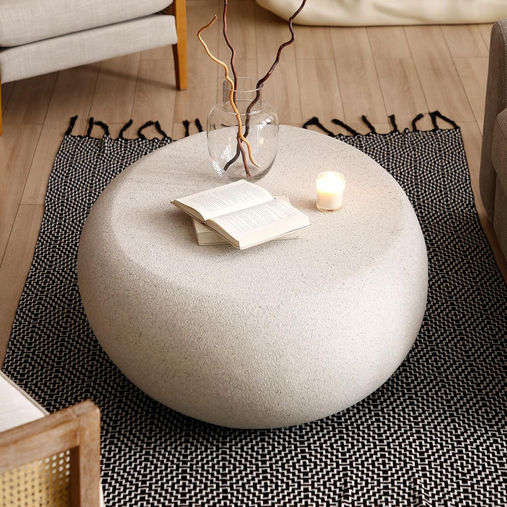 43.3' Faux Stone Coffee Table Modern Unique Coffee Table Oval Center Tables Round Edge Design Fiberglass Oval Accent Tables for Living Room Office Apartment No Assembly, Cream White