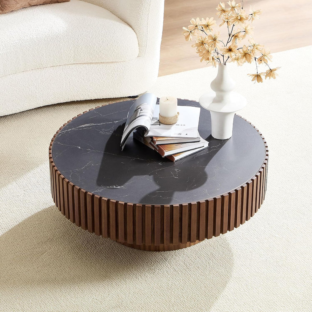 JUSTONE 35.43''Round Coffee Table,Modern Round Sintered Stone Tabletop Drum Coffee Table Luxury Circle Coffee Table for Apartment, Walnut