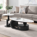 Modern Nesting Coffee Table Set of 2, Oval and Round Coffee Table Set for Living Room, Faux Marble Coffee Table and Round End Table, Luxury Living Room Accent Table for Apartment (Black with Drawer)