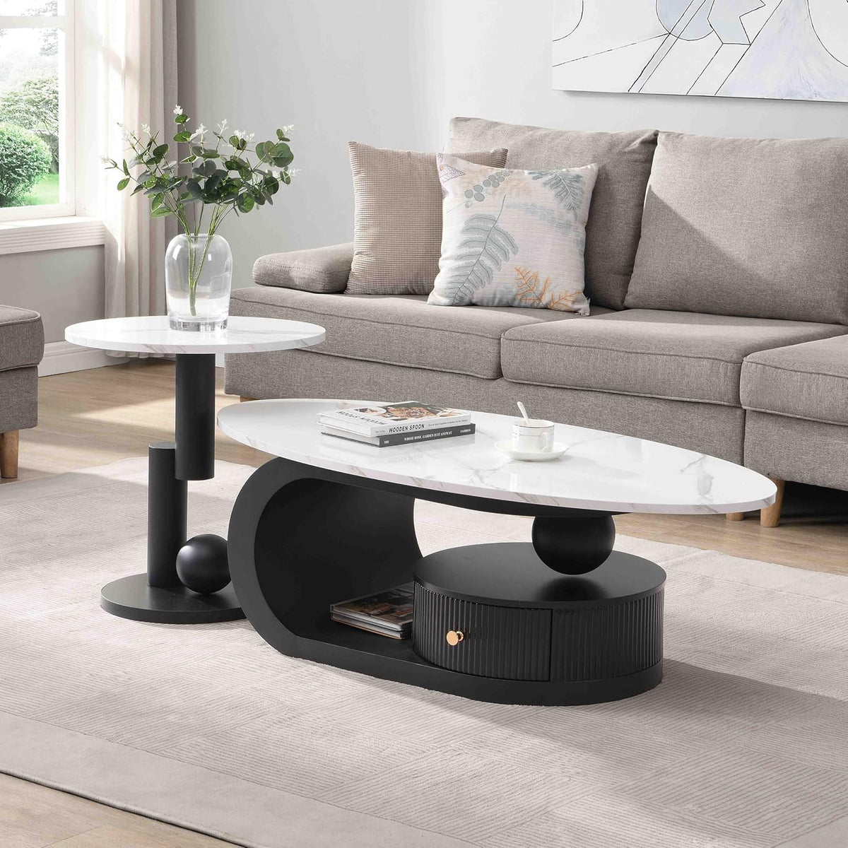 Modern Nesting Coffee Table Set of 2, Oval and Round Coffee Table Set for Living Room, Faux Marble Coffee Table and Round End Table, Luxury Living Room Accent Table for Apartment (Black with Drawer)