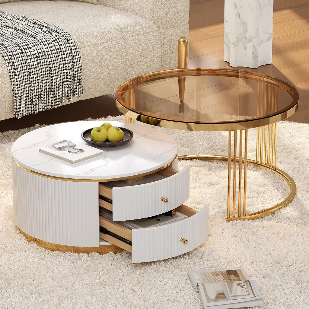 27.6' Brown Nesting Coffee Table Set of 2, Modern Round White Coffee Table for Living Room with Storage Drawer Marble Tabletop End Side Table for Bedroom