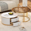 27.6' Brown Nesting Coffee Table Set of 2, Modern Round White Coffee Table for Living Room with Storage Drawer Marble Tabletop End Side Table for Bedroom