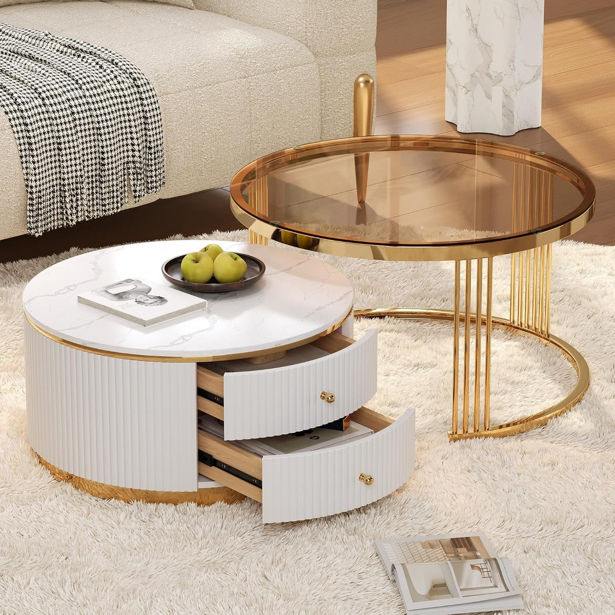 27.6' Brown Nesting Coffee Table Set of 2, Modern Round White Coffee Table for Living Room with Storage Drawer Marble Tabletop End Side Table for Bedroom