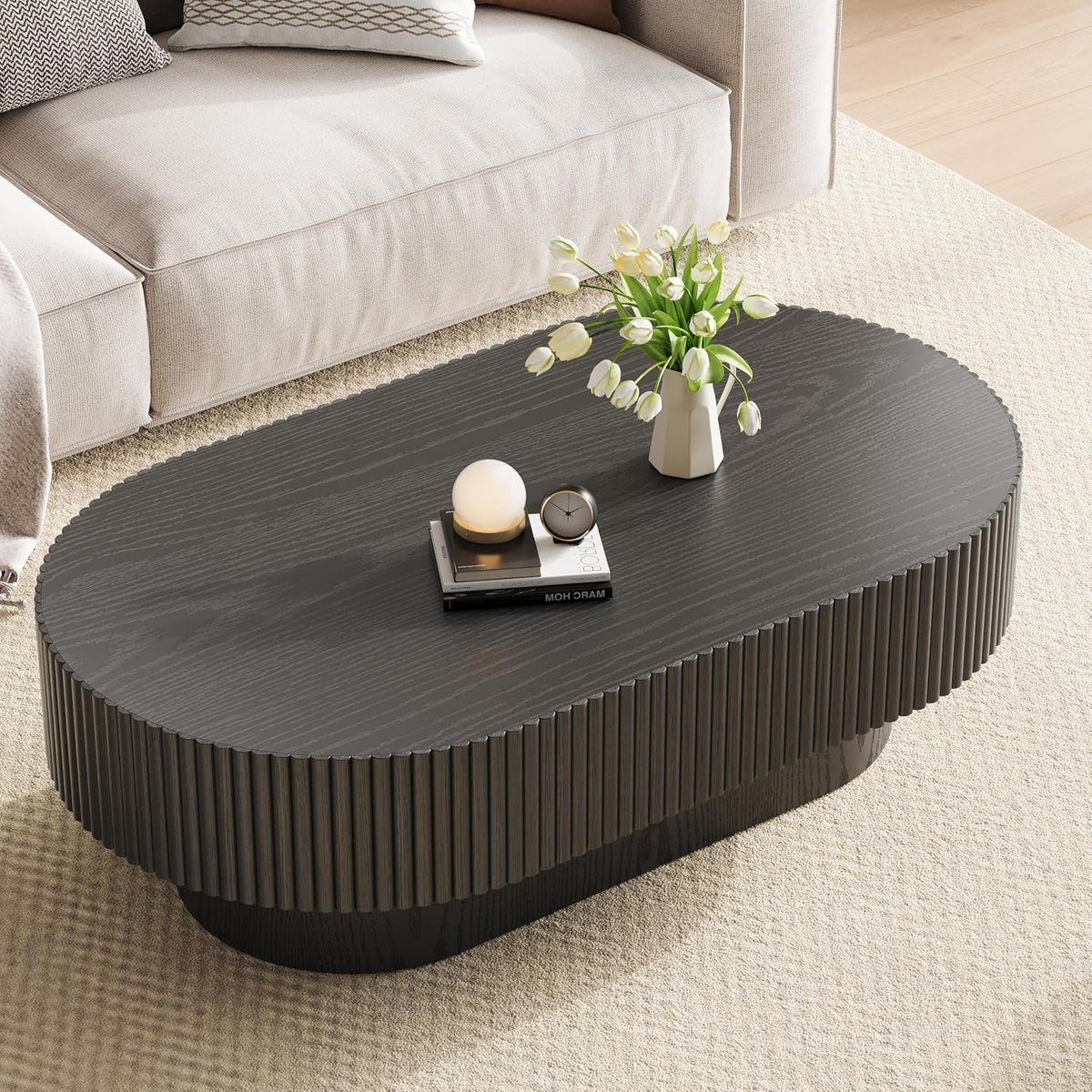 YOUDENOVA 43.7' Oval Coffee Table, Modern Wood Fluted Coffee Table for Living Room, Veneer Handcrafted Relief Center Table with Sturdy Pedestal，Easy Assembly - Black
