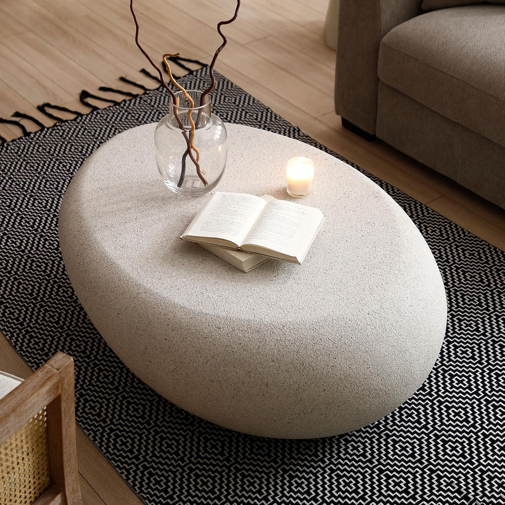 43.31 Modern Faux Stone Coffee Table for Living Room, Contemporary Rustic Style Curved Oval Coffee Table, Fiberglass Material & Grainy Stone Paint, No Assembly, Cream White