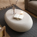 43.31 Modern Faux Stone Coffee Table for Living Room, Contemporary Rustic Style Curved Oval Coffee Table, Fiberglass Material & Grainy Stone Paint, No Assembly, Cream White