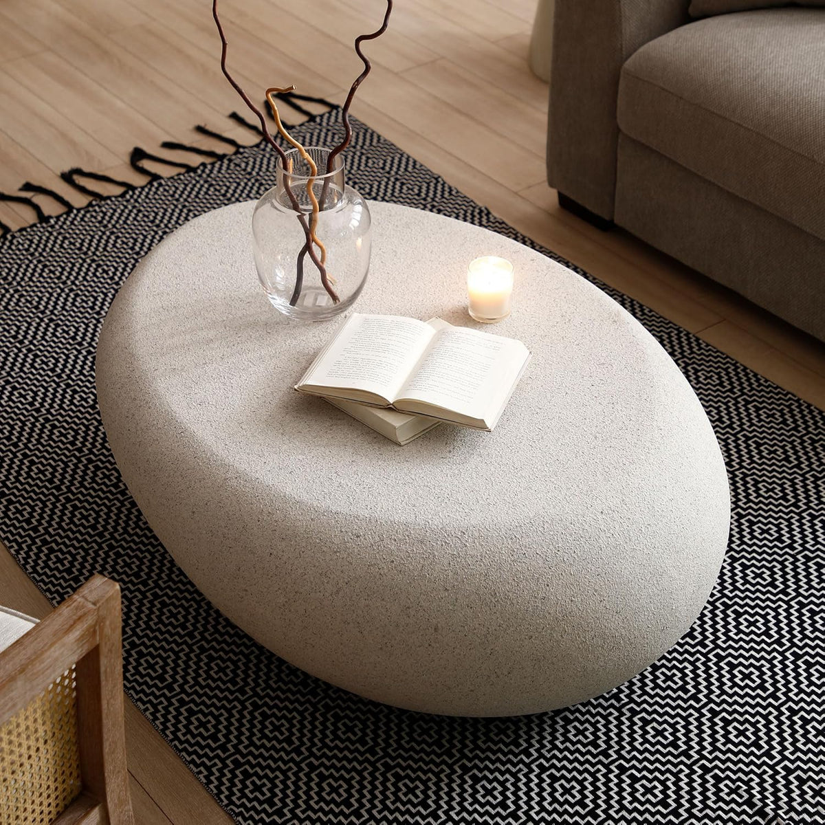 43.3' Faux Stone Coffee Table Modern Unique Coffee Table Oval Center Tables Round Edge Design Fiberglass Oval Accent Tables for Living Room Office Apartment No Assembly, Cream White