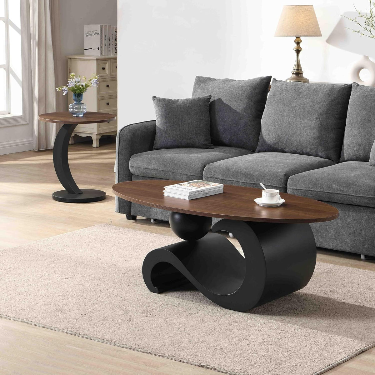 Modern Nesting Coffee Table Set of 2, 2-Piece Oval Decorative Living Room Table Set with Brown Wooden Top and Black Metal Base, Oval Coffee Table and Round End Table Set