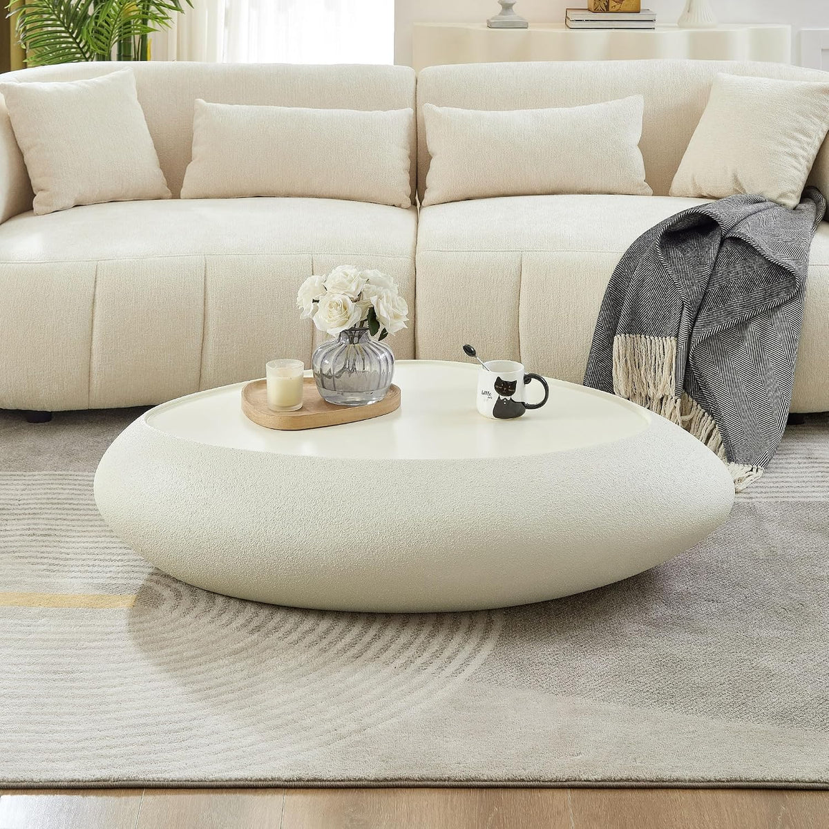47' Faux Stone Coffee Table Modern Unique Coffee Table Rock Center Tables Round Edge Design Fiberglass Accent Tables for Living Room Office Apartment No Assembly Required White