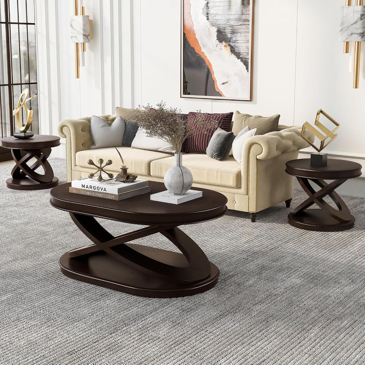 Retro Coffee Table Sets 3 Pieces, Wood Living Room Table Set Include 44' Oval Coffee Table, Round End Table Set of 2