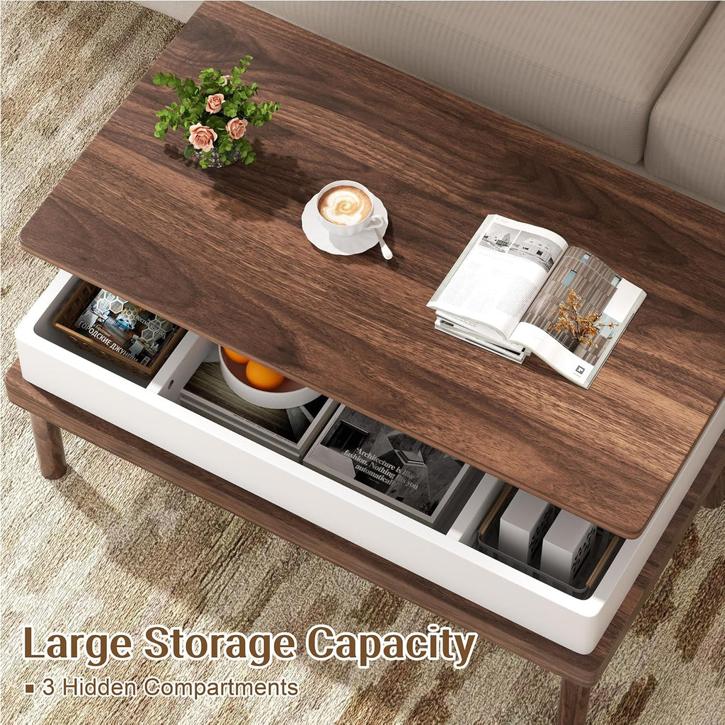 Shintenchi Coffee Table, Lift Top Coffee Table with Hidden Compartment, Rising Tabletop Dining Table, Lift Top Coffee Center Table for for Living Room, Office, Home (Walnut)