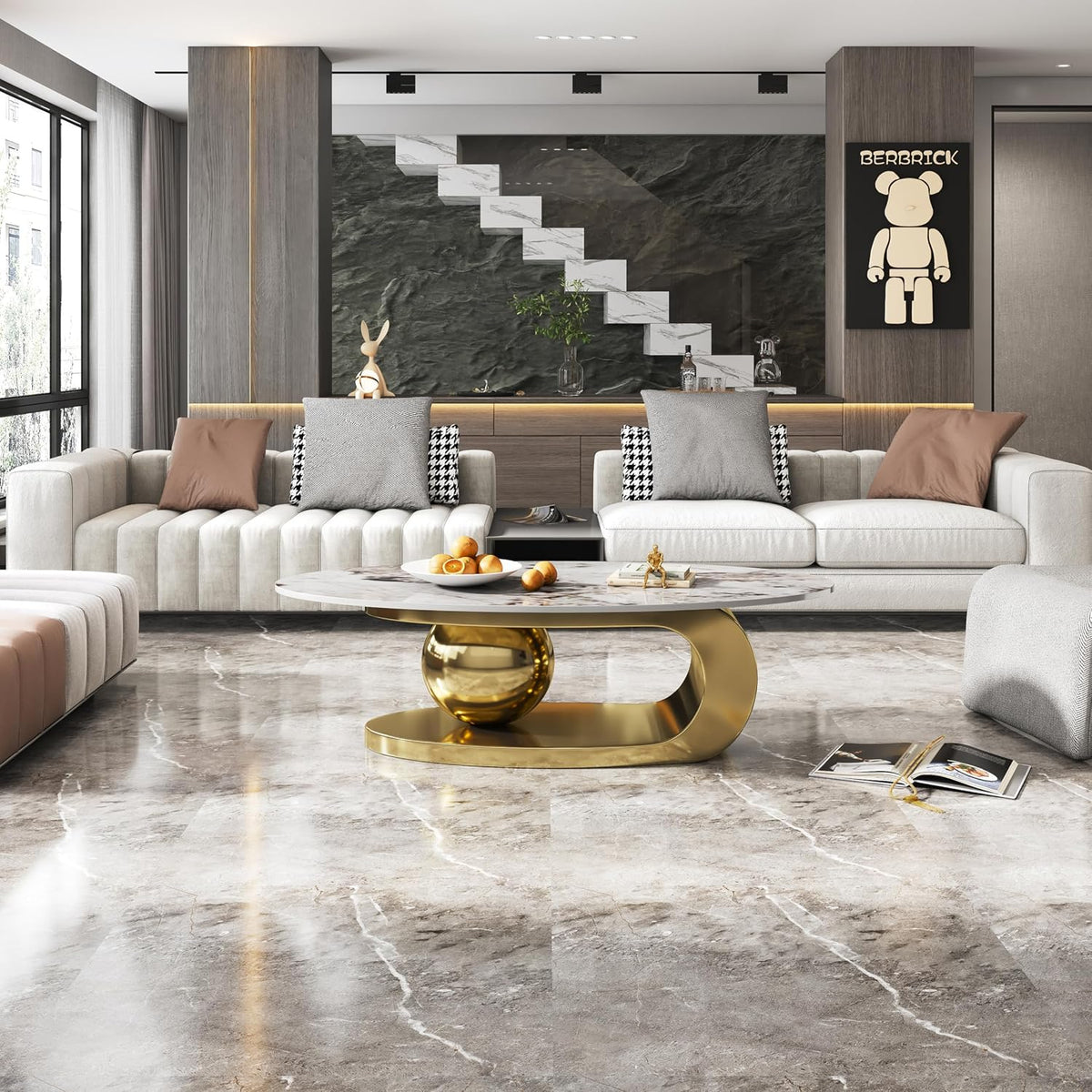 Oval Coffee Table with Sintered Stone Top, 49' Luxury Modern Center Table with Marble Pattern Table Top & Gold Stainless Steel Base, Easy to Clean C-Shape Unique Furniture for Living Room
