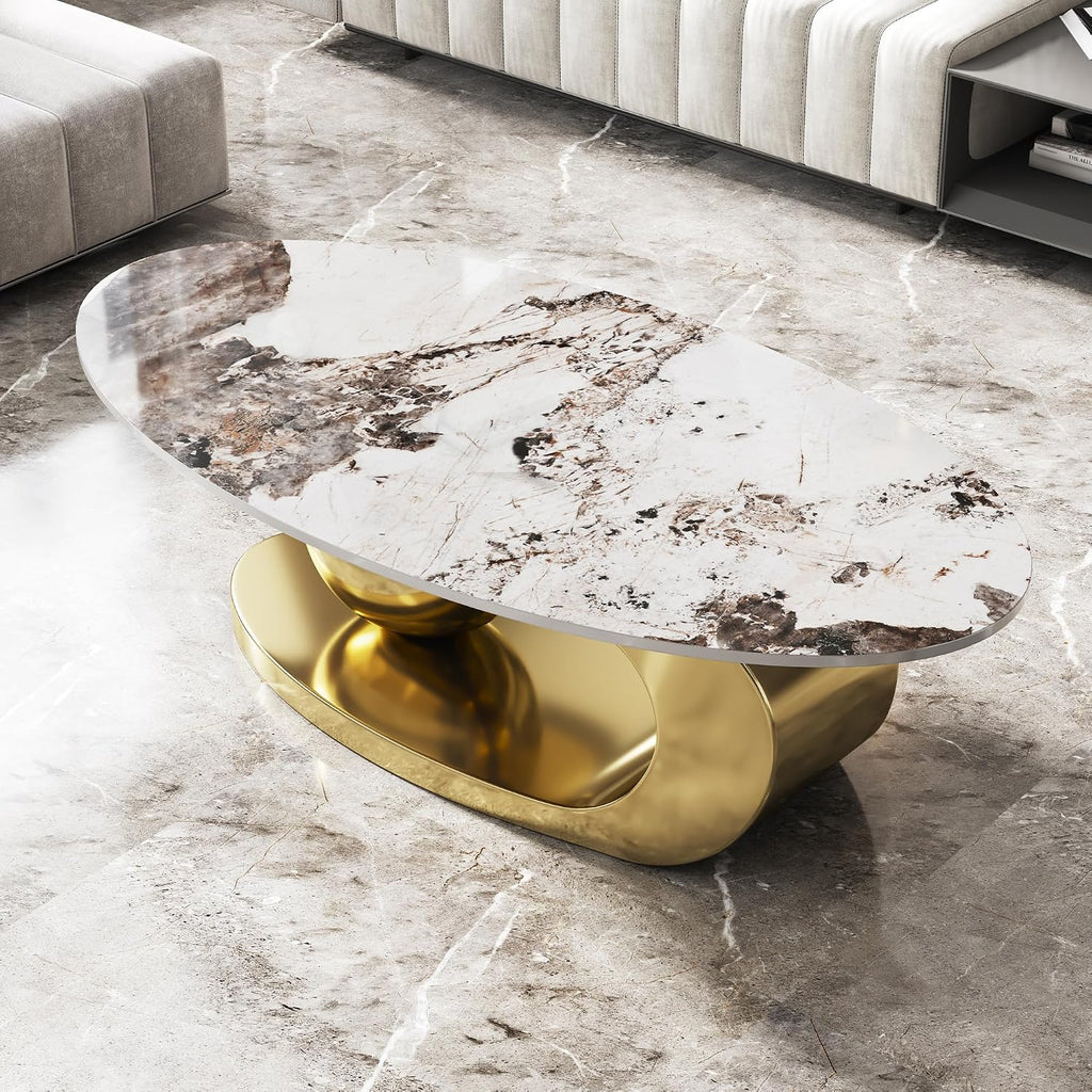 49.2' Oval Coffee Table, Modern Faux Marble Coffee Tables with Sintered Stone Tabletop, Large Unique Tea Table with Stainless Steel Base for Living Room, Office, Bedroom