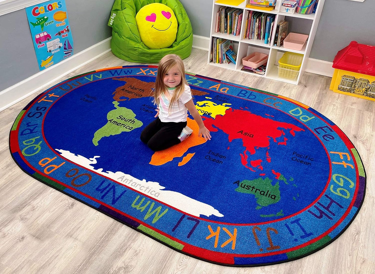 KIDCARPET.COM All Around The World Map Rug, 7'6' x 12' Oval, Multicolored