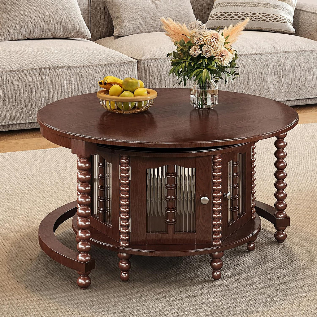 31.5' Walnut Nesting Coffee Table Set of 2, Vintage Round Coffee Table for Living Room with Storage Retro Beaded Leg End Side Table for Bedroom