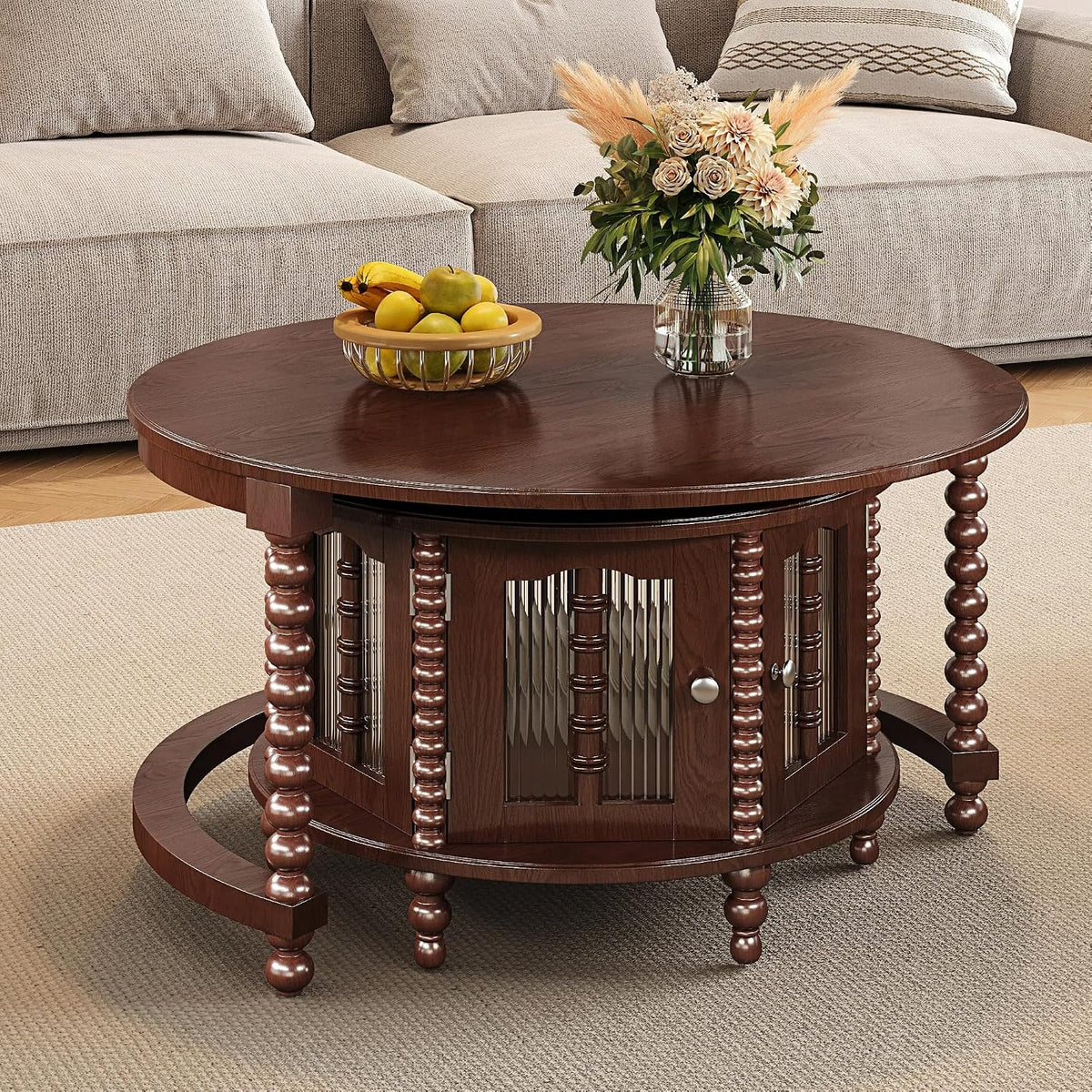 31.5' Walnut Nesting Coffee Table Set of 2, Vintage Round Coffee Table for Living Room with Storage Retro Beaded Leg End Side Table for Bedroom