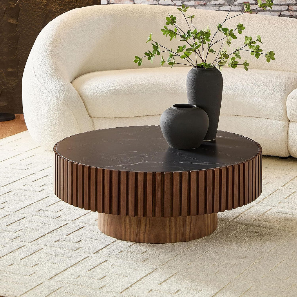 JUSTONE 35.43''Round Coffee Table,Modern Round Sintered Stone Tabletop Drum Coffee Table Luxury Circle Coffee Table for Apartment, Walnut